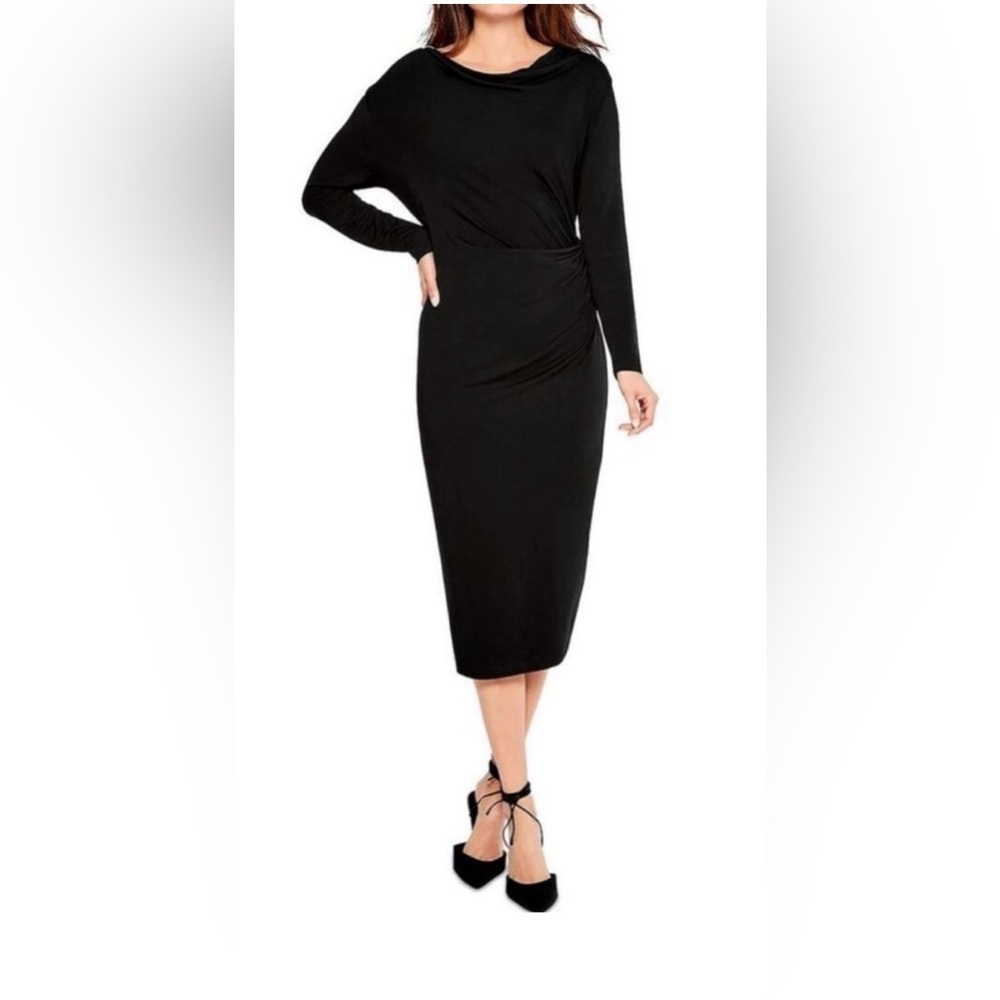 NIC+ZOE Black Long Sleeve Ruched Draped Cowl Neck Dress